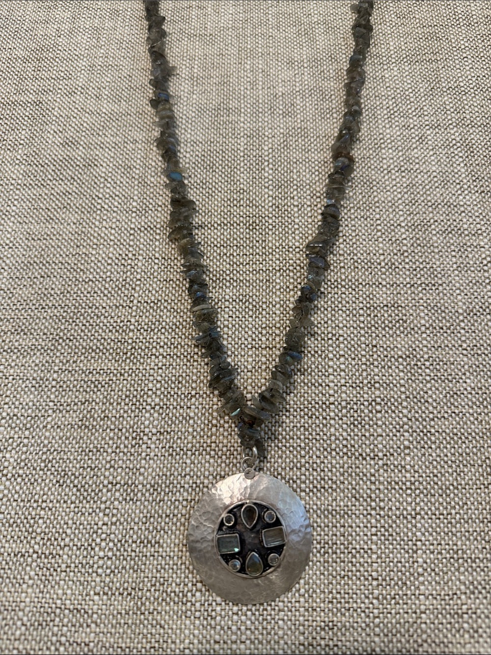 Labradorite Beaded Necklace with Hammered Silver Pendant - Gray